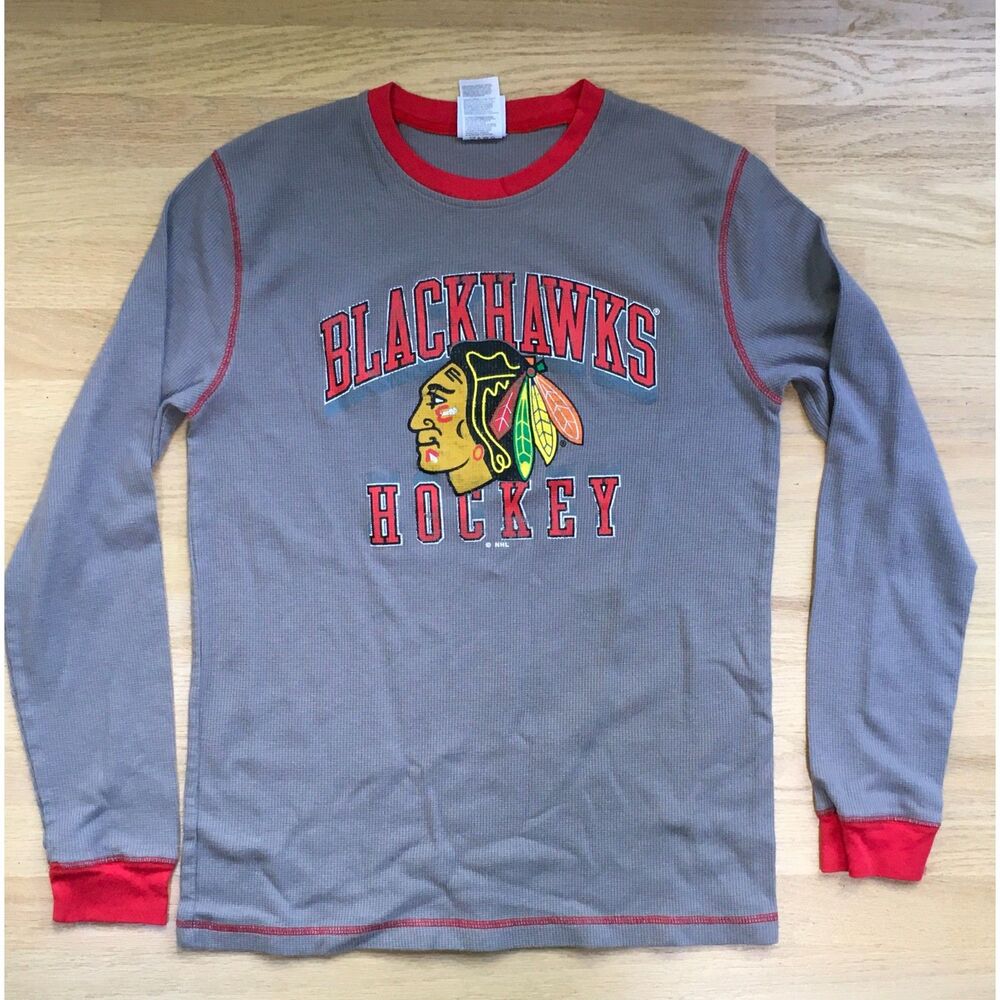 Chicago Blackhawks NHL Hockey Thermal Shirt L Gray Red Waffle Knit Sportwear